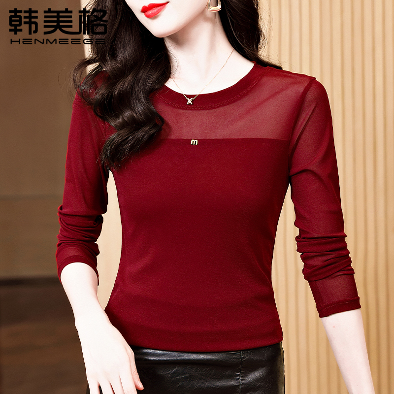 Round Neck Mesh Base Shirt for Women, Spring 2026 New Style, Black Stylish Top, Long-Sleeved T-Shirt, Lace Blouse