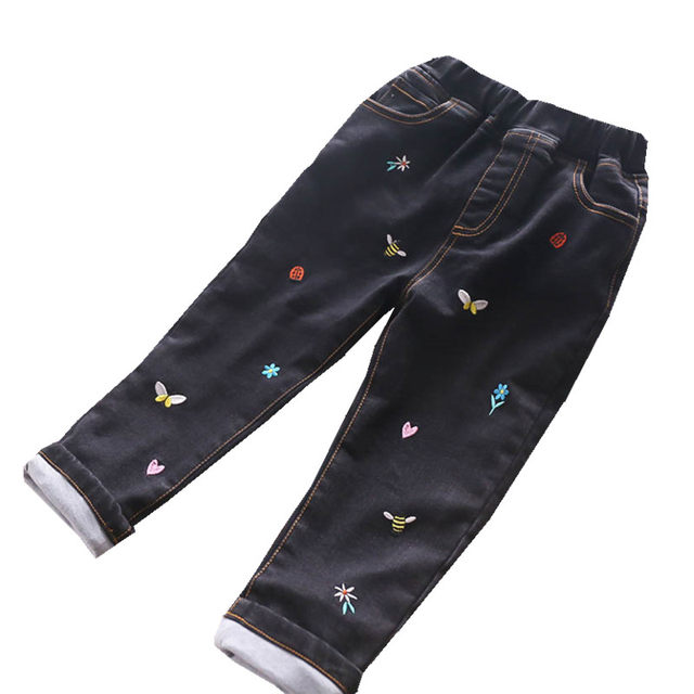 Girls Butterfly Bee Double Clip Pants 2021 Autumn and Winter New Foreign Trade Children's Baby Cotton Single Jersey Thick Jeans