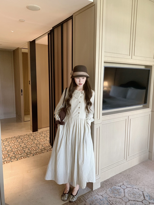 Pinkmoon/Time Letter Vintage Cotton Plaid Dress Artistic Dress Autumn Versatile Long Dress