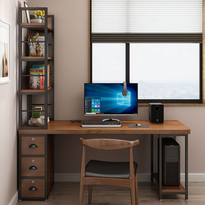 Nordic solid wood desk bookshelf combination computer desktop table home loft office desk bookcase desk one