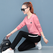 Cotton casual sportswear set women spring and autumn 2021 new large size long sleeve sweater loose slim two-piece set