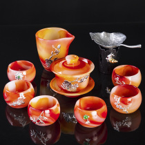 The whole set of red Agate inlaid with silver jade porcelain tea set Home simple office Blood Bodhi Kung Fu cover bowl Tea cup gift