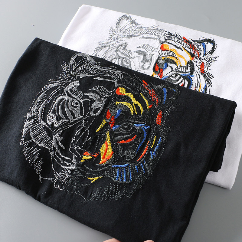 W Needle Tiger Head Embroidery Men's Summer Full Cotton Breathable Tide 100 Hitch Round Collar Casual Hitting Bottom T-shirt Half Sleeve Tide