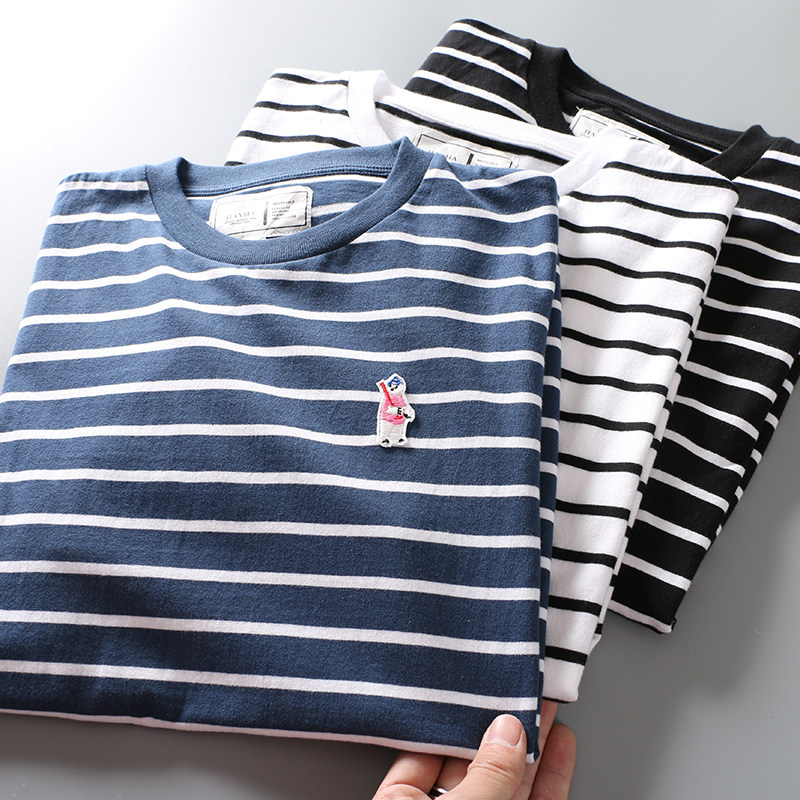 Sea-soul shirt striped short sleeve T-shirt men loose trend round collar 100 hitch Tide Cards Pure Cotton Casual Half Sleeve Clothing t
