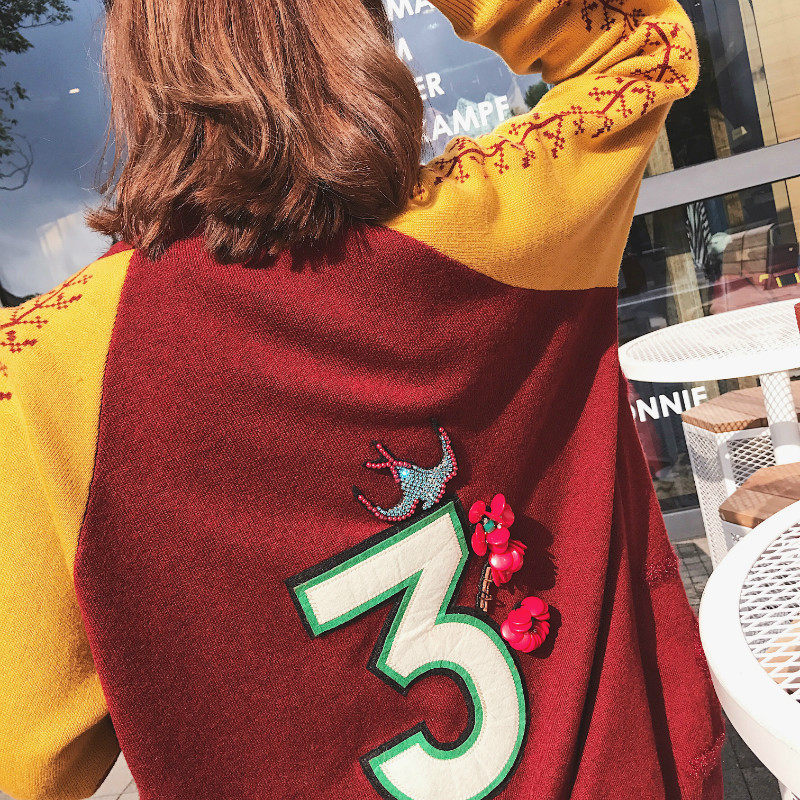 @ZY喜哥 手工串珠撞色羊毛衫针织开衫中长款 冬季毛衣外套女