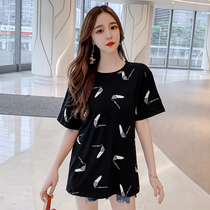 Korean version of fat sister plus size cover belly t-shirt women loose and thin 200 jin fat sister large short-sleeved top summer dress