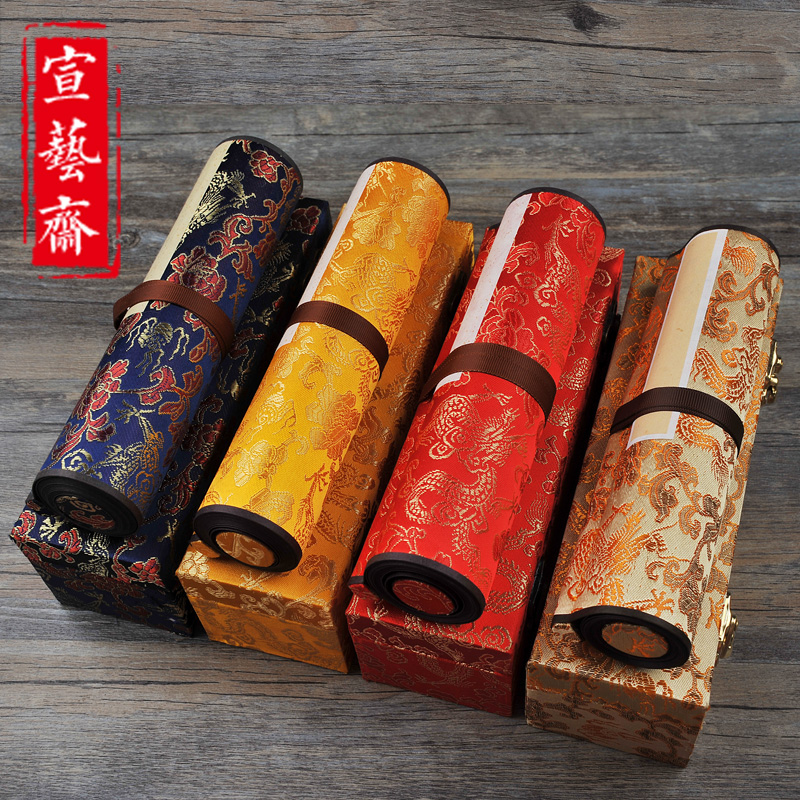 Hand-rolled Heart Sutra Diamond Sutra rice paper long roll copy Heart Sutra mounted scroll Aya mounted small script half-cooked paper squared scroll with box rice paper hand-rolled long scroll calligraphy special Heart Sutra Diamond Sutra paper