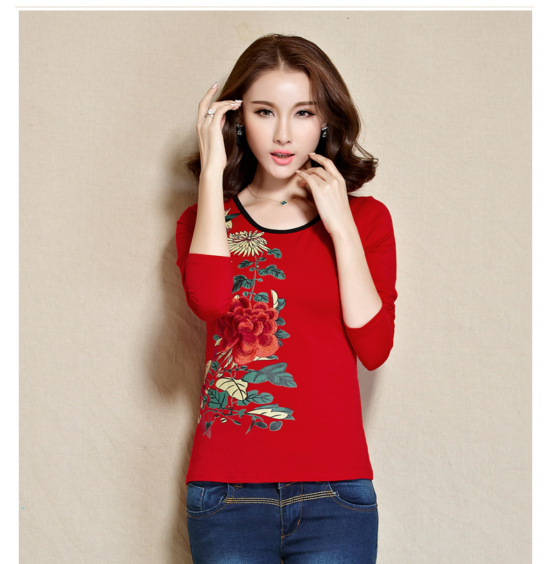Mùa thu mới gió quốc gia nữ trang trí cơ thể thêu áo thun dài tay nữ chạm đáy áo sơ mi retro in hoang dã áo polo nữ tay lỡ