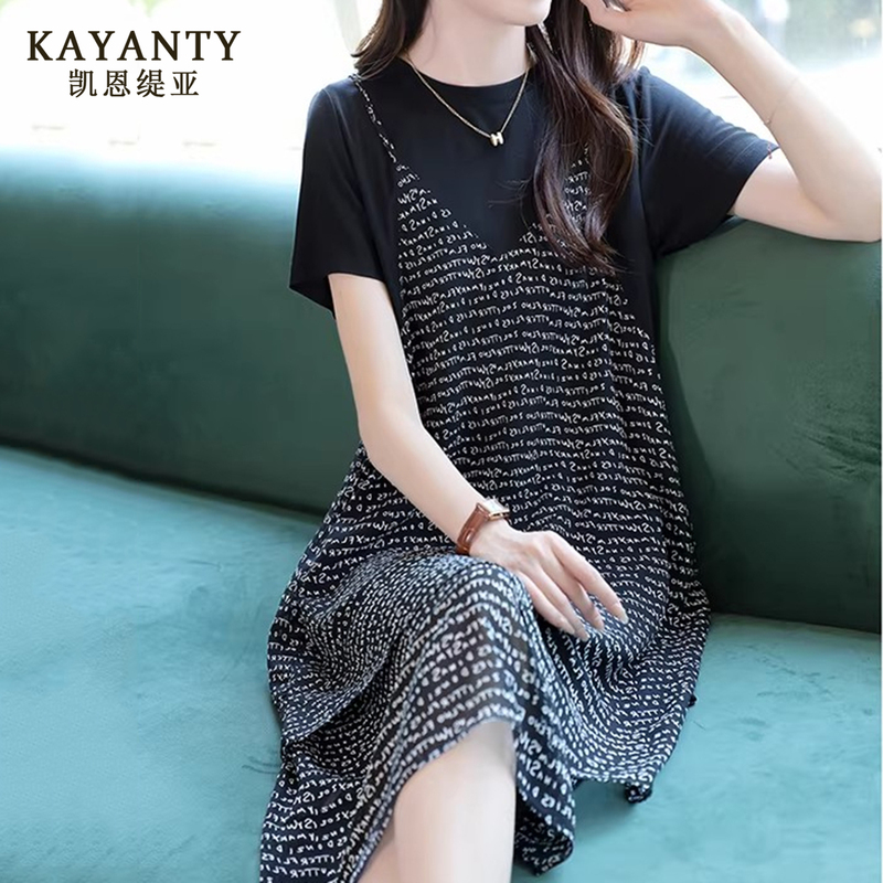 Kayanty 2026 Summer Round Neck Fake Two-Piece Patchwork Letter Print Dress Short-Sleeved Fashionable Mid-Length Dress