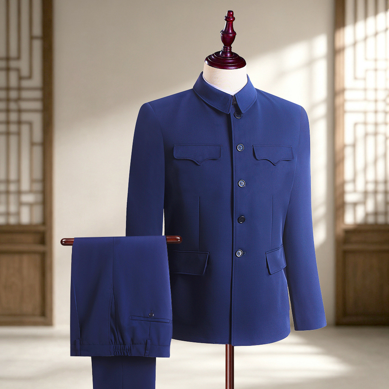 Traditional Chinese-Style Men's Navy Blue Suit for Middle-Aged and Elderly Men, Two-Piece Set, Chinese Style Tang Suit for Elders