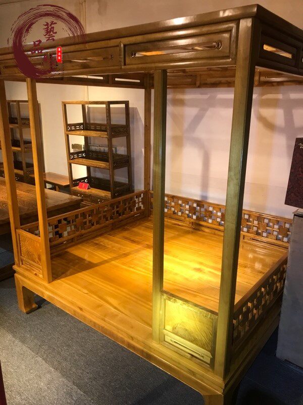 Small Leaf Zhen Nanrack Bed Gold Silk Nanmu Wood Water Corrugated Furniture Double Bed Wedding Bed Minqing Classical Bedroom Red Wood 