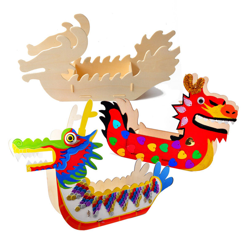 Kindergarten Children's Dragon Boat Festival parent-child interaction DIY material wood white mold dragon boat color painted wooden small boat