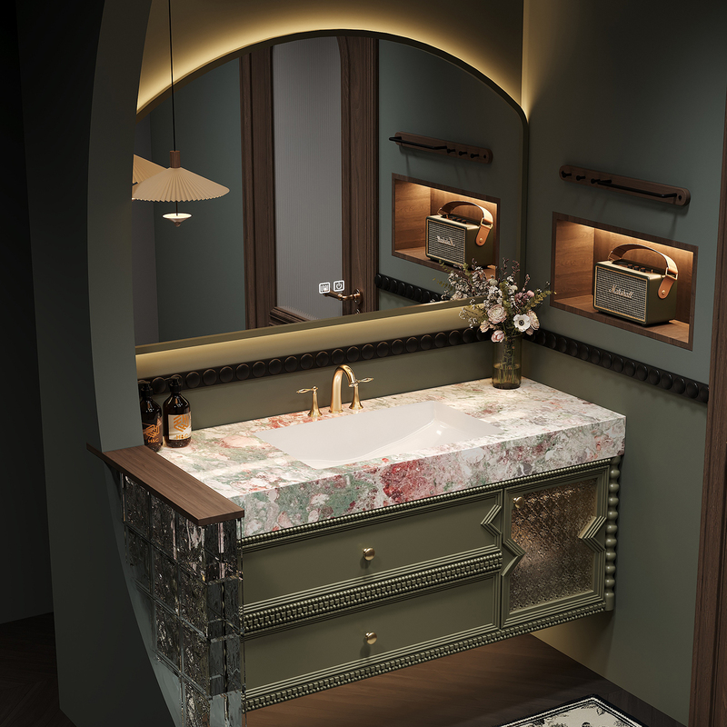 French-Style Retro Seamless Integrated Bathroom Cabinet and Sink Set for Washroom/Toilet