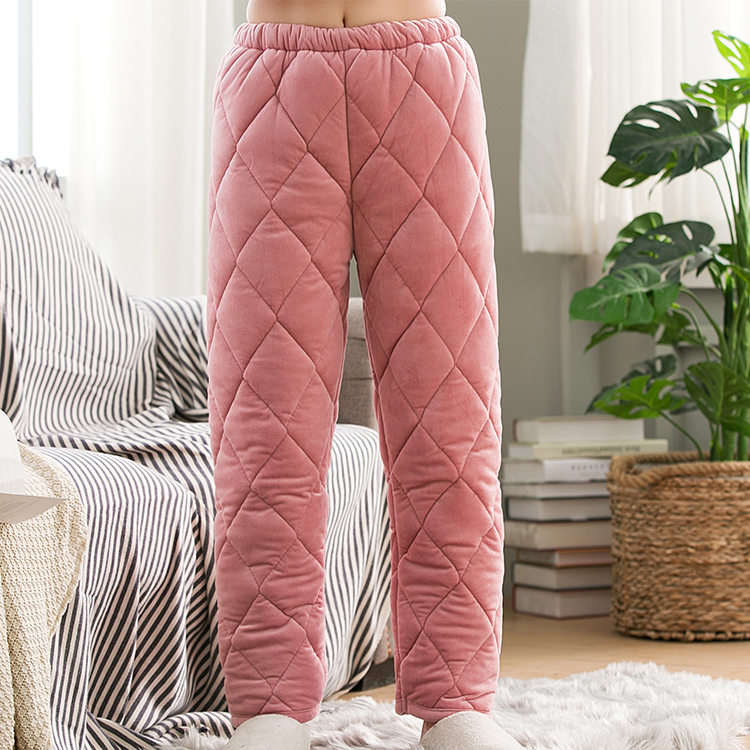 Fall and Winter Lady 3-layer thickened plug-wool pajamas coral wool flannel warm cold storage pants