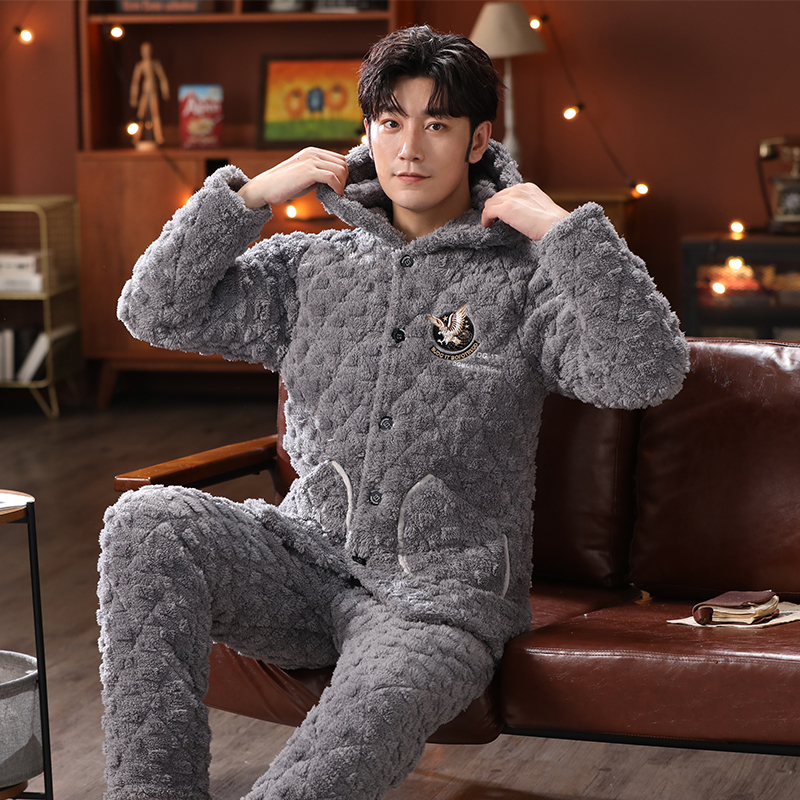 Pajamas men's winter thickened plus velvet coral fleece three-layer quilted pajamas flannel warm home service suit