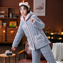 Sleeping Lady Winter Thicken Plus Suede Coral Suede Pyjamas Warm Triple Clip Cotton Flannel Suede Suit Suit