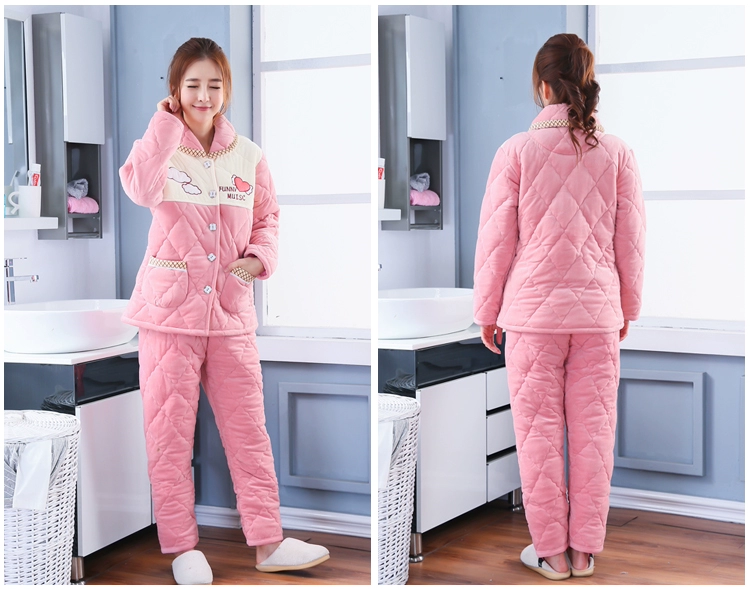 Mùa đông phụ nữ san hô lông cừu dày ba lớp cộng với bộ đồ ngủ bằng vải nhung bộ pijama