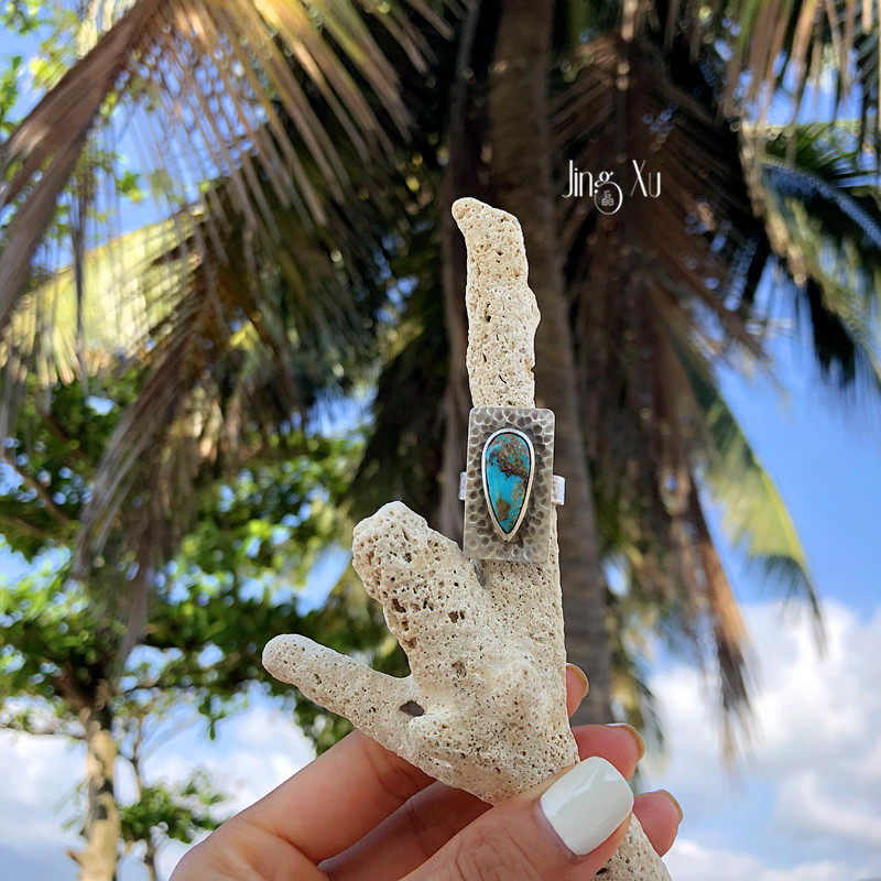 JINGS Iranian blue turquoise ore geometric handmade pattern ring 99 sterling silver handmade