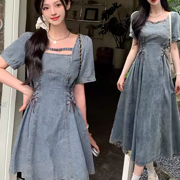 Summer New Plus-Size Women's Clothing, French-Style Elegant Waist-Cinching Tie Denim Dress, Slimming Over-The-Knee Long Dress for Chubby Girls