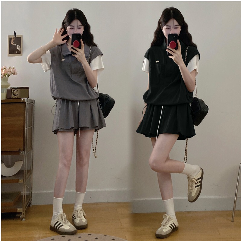 Plus-Size Women's Summer Clothing, New Design, Casual Workwear, Fake Two-Piece Top, High-Waisted Slimming Shorts Skirt Set for Fat Girls Plus-Size Women's Summer Clothing, New Design, Casual Workwear, Fake Two-Piece Top, High-Waisted Slimming Shorts Skirt Set for Fat Girls