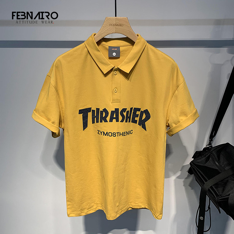 Light-cooked wind printing turtlenecks POLO shirt male American vintage salt tether short sleeve T-shirt summer loose tide cards half sleeves