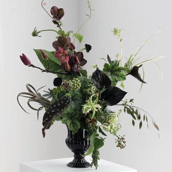 Commercial flower arranging device with tall legs and large mouth ceramic vase