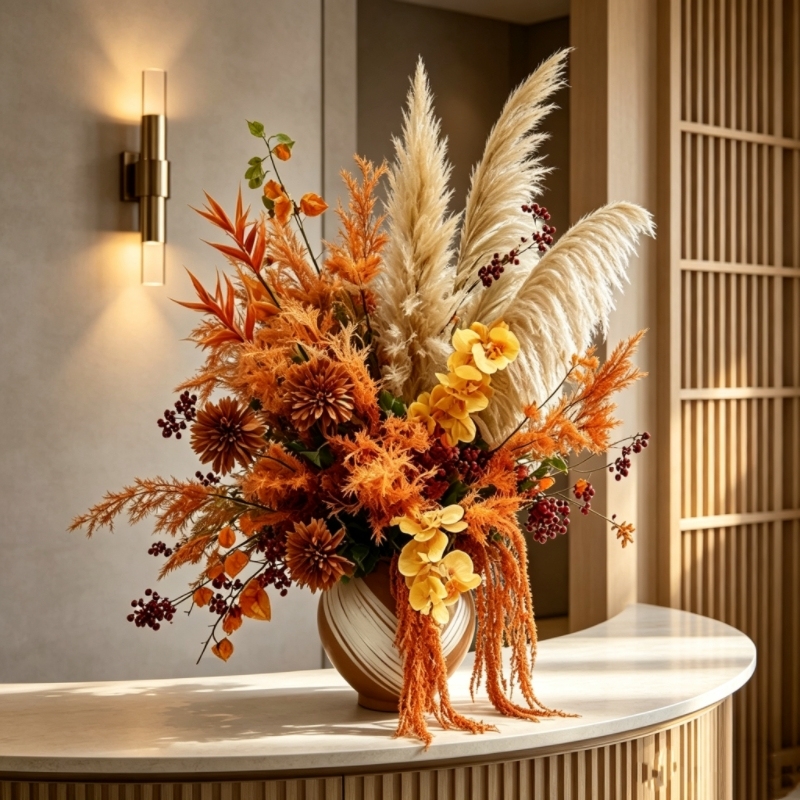 Simple and Classy Spring and Summer Flower Arrangement with Artificial Flowers in a Large Orange Ceramic Flower Pot for Indoor Reception Desk or Cashier Counter Decoration Simple and Classy Spring and Summer Flower Arrangement with Artificial Flowers in a Large Orange Ceramic Flower Pot for Indoor Reception Desk or Cashier Counter Decoration
