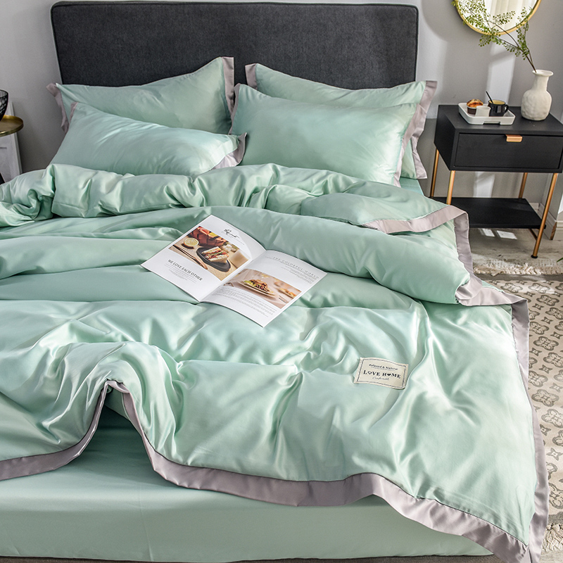 Nordic ins days silk four sets of spring and summer minimalist pure color embroidery bed cover ice silk sliding naked bed linen