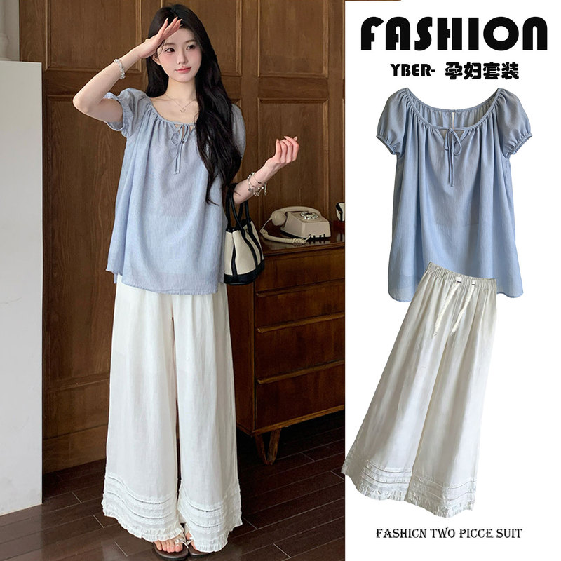 Maternity Wear Summer New Style for Pregnant Mothers, Blue Vertical Striped Cotton Tie-Up Loose Short-Sleeve Versatile Top and Wide-Leg Pants Set