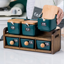 Double-layer kitchen household ceramic seasoning box seasoning jar Glass seasoning box combination set Salt monosodium glutamate vinegar oil bottle