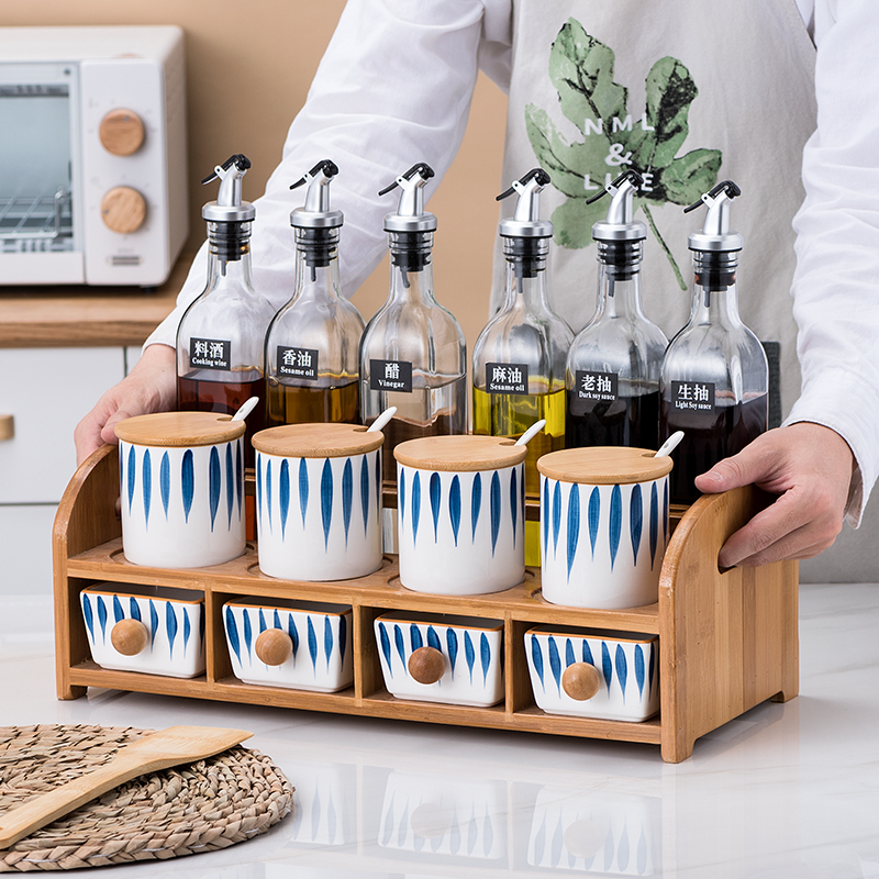 Bamboo kitchen rack storage box seasoning rack set household ceramic seasoning pot salt pot kitchen oil bottle condiment