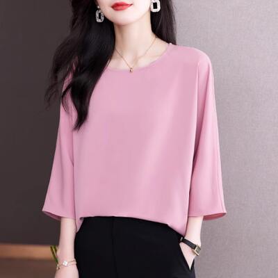 September Mo Mo Loose, revealing belly, three-quarter sleeve chiffon shirt, elegant and stylish, small shirt with slightly flared sleeves, mid-sleeve top for women