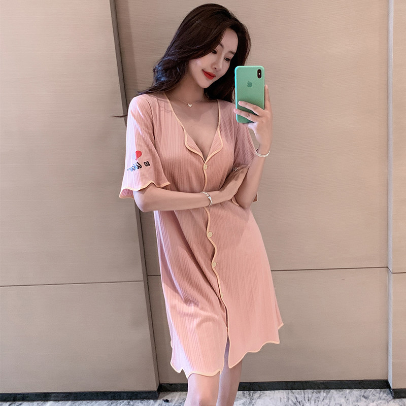 Sexy Sleeping Dress Woman Summer Short Sleeve Han Edition Cardiovert cotton pyjamas 2022 New extras Home Clothing Pink