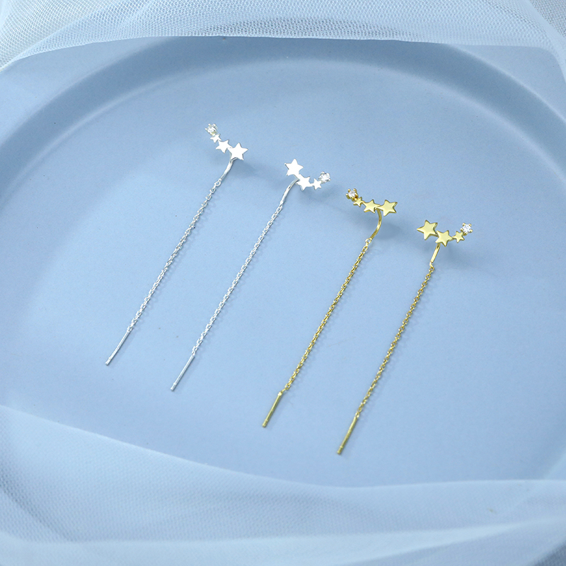 S925 Pure Silver Asymptotic Stars Ear Bracelet Woman South Korea Jane Approximately Long Version Pentagram Zircons Meteorite Streaming Suear Earrings