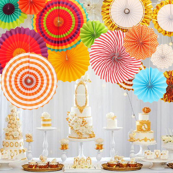 Children's birthday party paper flower fan ribbon wedding room decorations layout supplies paper flower background wall home
