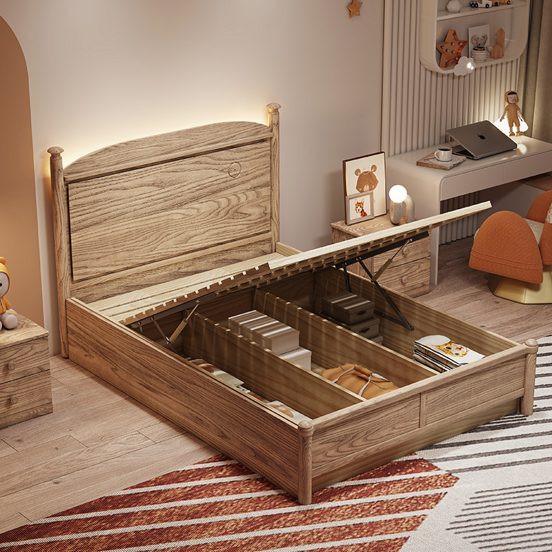 Children's bed Boy girl Night lights Single beds All solid wood Teenagers Modern Minima High Box Storage Bed White Wax Wood-Taobao