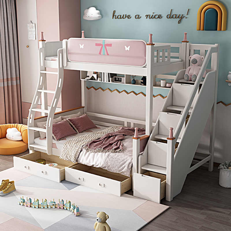 Children's Princess Solid Wood Twin Bed High and Low Bed Girl Up and Out Pink Small Family Maternity Bed Space Soft Bag