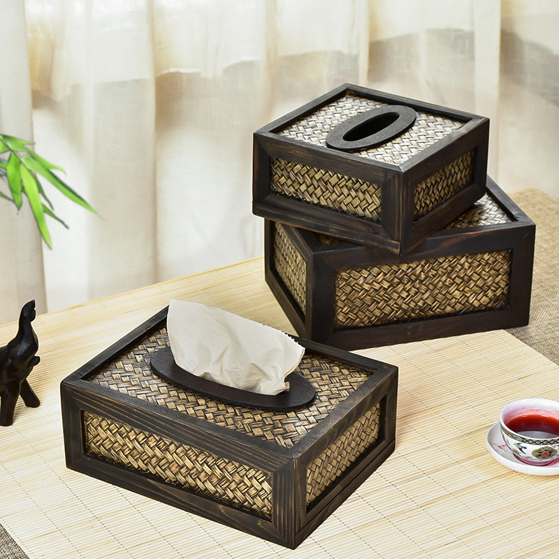 Thai Bamboo Tissue Paper Towel Box Home Living Room Creative Solid Wood Retro Vine choreography light extravagant New Chinese style napkin cramps-Taobao