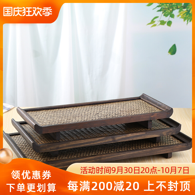 Thai bamboo tea tray solid wood handmade tea set household retro rectangular tea tray new Chinese tea cup rattan tray