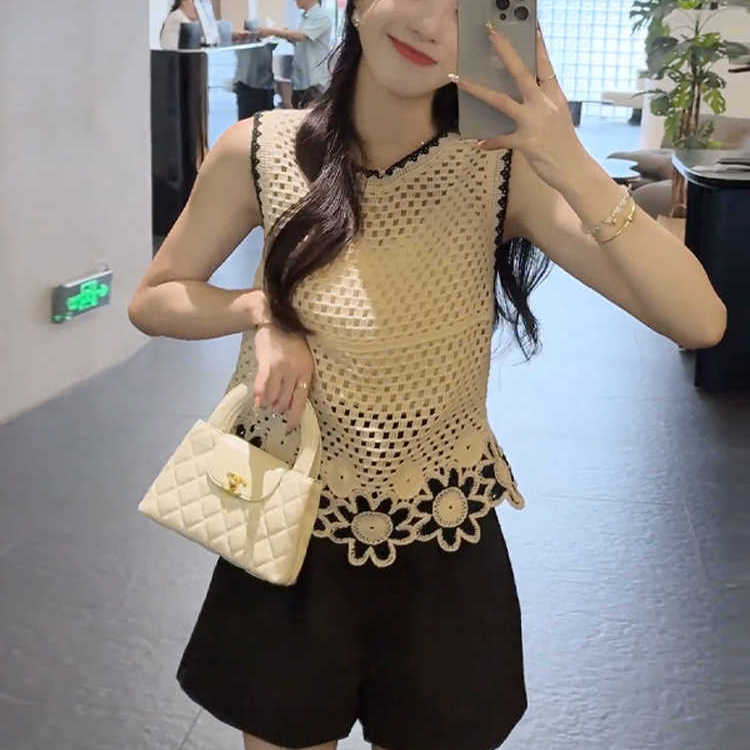 Summer Chanel-Style Outfit Set with a High-End Feel, Elegant Hollow-Out Sleeveless Knit Top and High-Waisted Shorts Two-Piece Set for Women