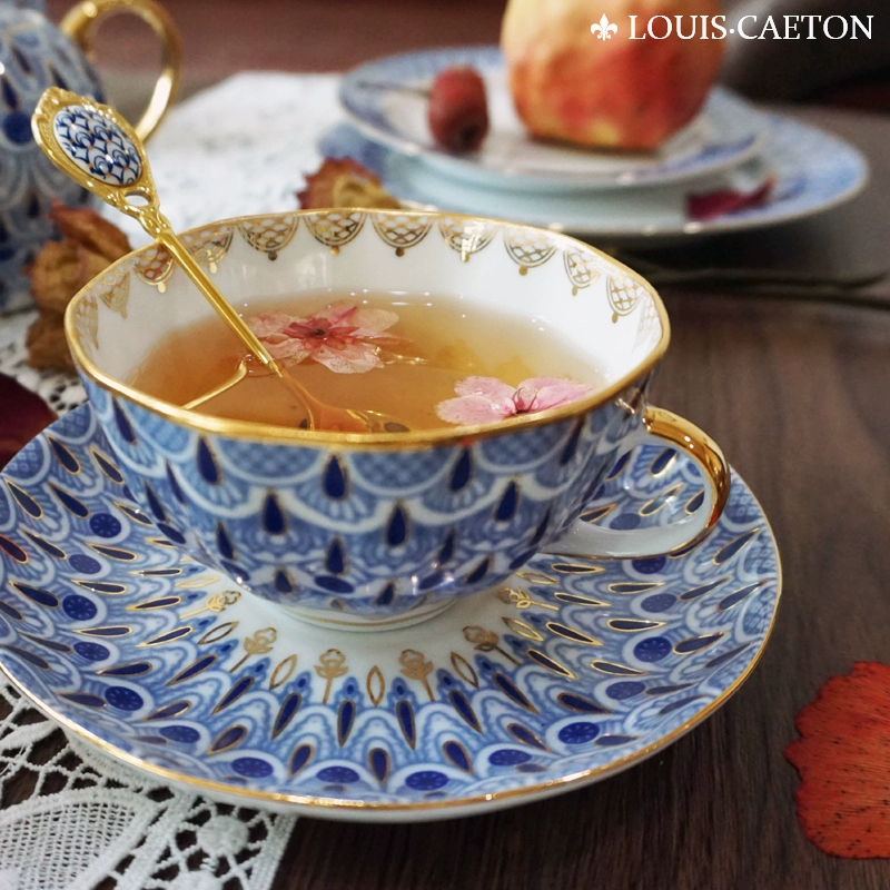 Phong cách châu Âu vẽ vàng trà đen cốc gốm phong cách dân tộc retro blues xuất khẩu hoa trà cà phê cốc đĩa đặt món quà - Cà phê