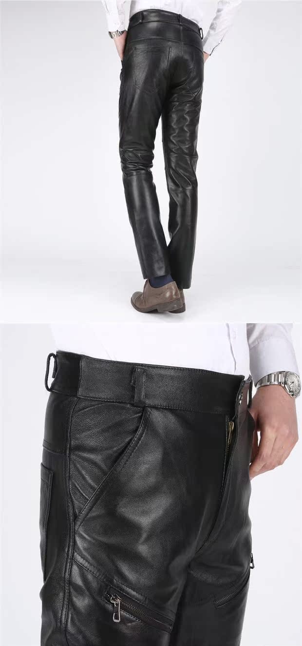 Quần da nam Quần da dê quần thẳng quần denim quần da mỏng nam đầu máy 18 mới quần jean nam