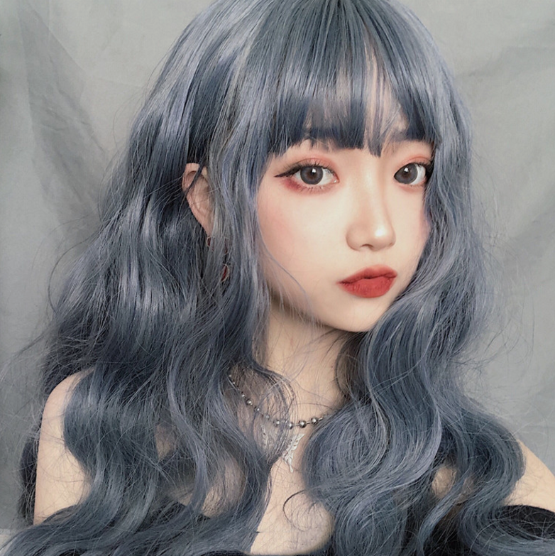 Wig women's long hair round face air bangs long curly hair wool roll wig natural realistic corn hot full head cover