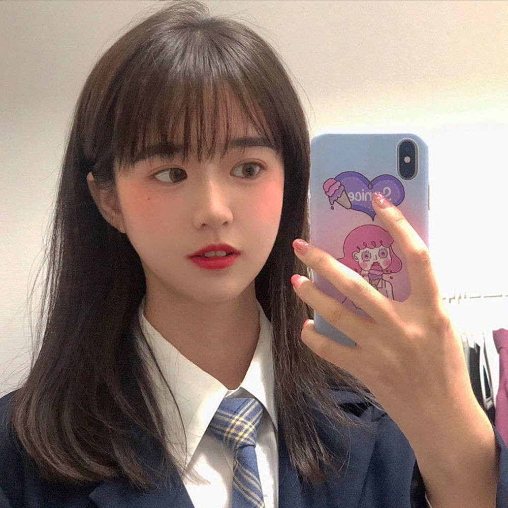 Wig female hair temperament collarbone hair natural girl first love round face long hair face face face air bangs full head cover