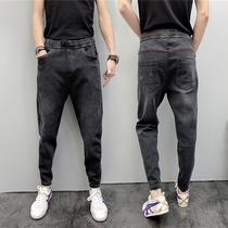 Net red pants with the same 2019 new mens autumn and winter black small feet denim nine-point pants drawstring slim halterneck pants