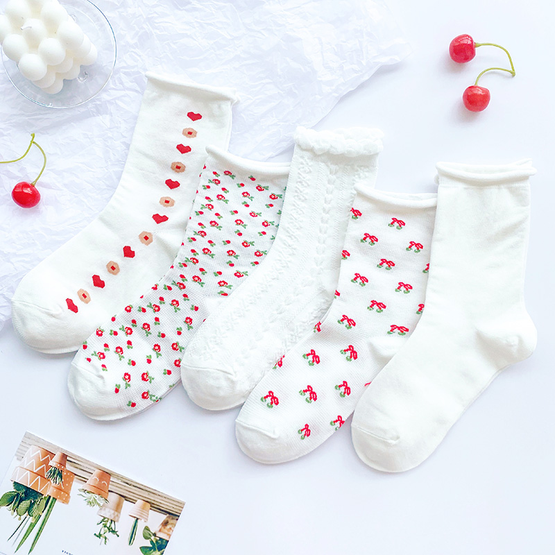 JK uniform socks women's middle tube white Japanese lolita floral bubble mouth socks Cotton bubble socks rolled edge socks