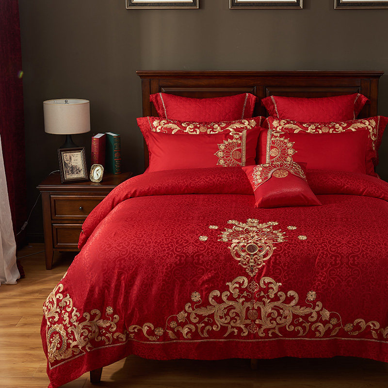 High-end Wedding Celebration Four Sets Big Red Festive all cotton New wedding bed Pure Cotton Embroidered Knot Wedding six pieces of a dozen sets