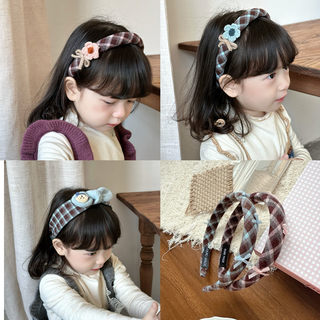 New children's bow flower plaid wide-brimmed headband sweet girl heart-pressed hair headband parent-child hairpin head buckle