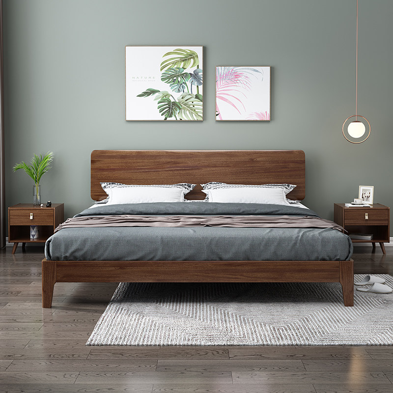 Walnut Nordic solid wood bed 18m double bed master bedroom simple modern 15m solid wood bed