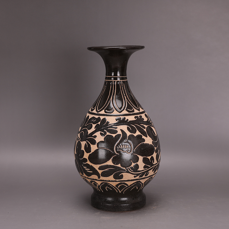 宋 吉州窯 黒釉 彫花 玉壺春瓶 陶磁器 現代工芸品 美術品 装飾品 置物 宋 吉州窯 黒釉 彫花 玉壺春瓶 陶磁器 現代工芸品 美術